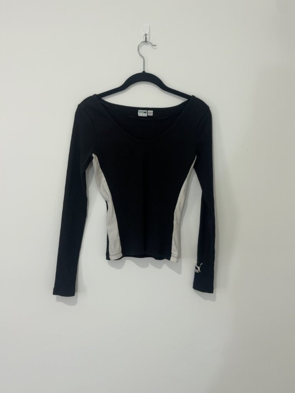 Puma Black White Fitted Ribbed Long Sleeve Top Y2K Sporty Size Small